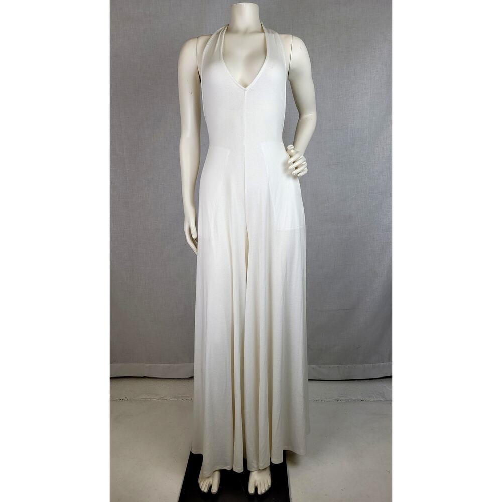 Free People 70s Bohemian Wide Leg Open Back Halter Jumpsuit in White Sz XS